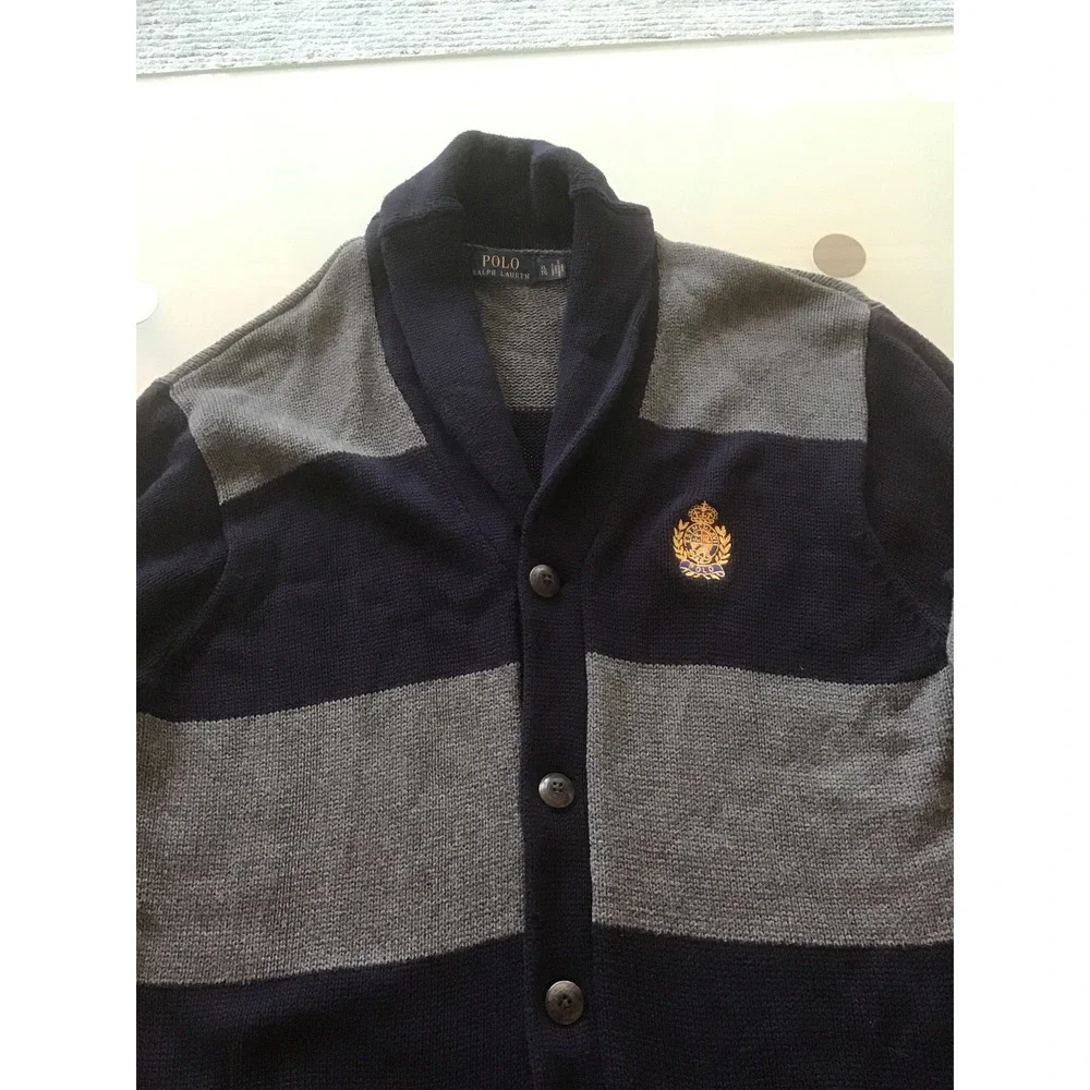 Polo Ralph Lauren Shawl Collar Cardigan Sweater Navy Grey Striped Crest Logo XL